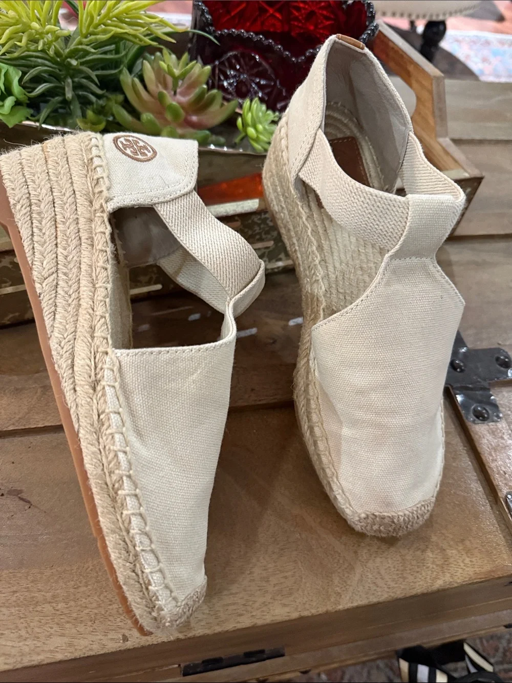 Tory Burch Cream Canvas Espadrille Wedge Sandals